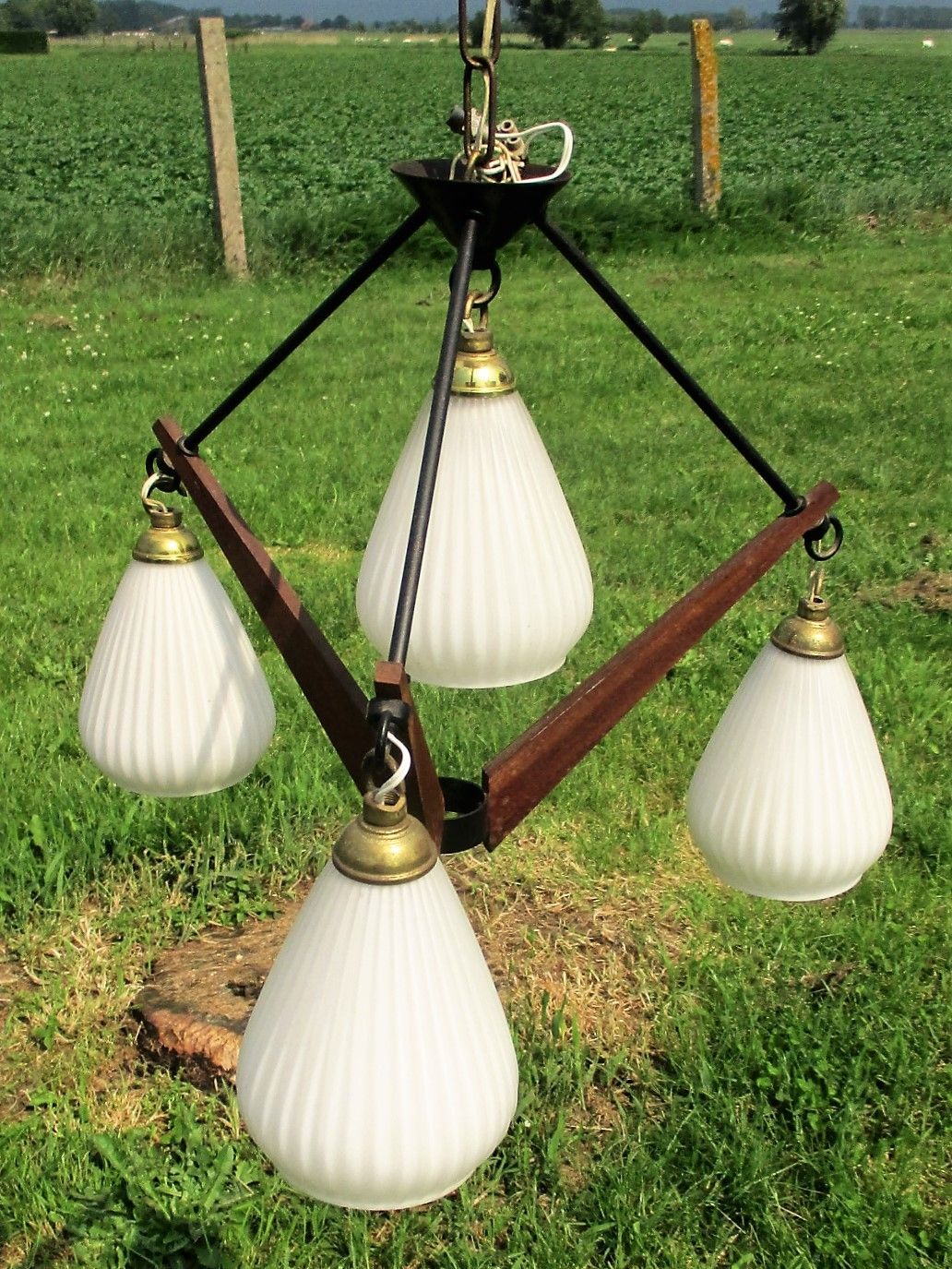 Danish Modern Chandelier Pendant Teak Atomic 4 Tear Drop Mid Century Vintage 50s