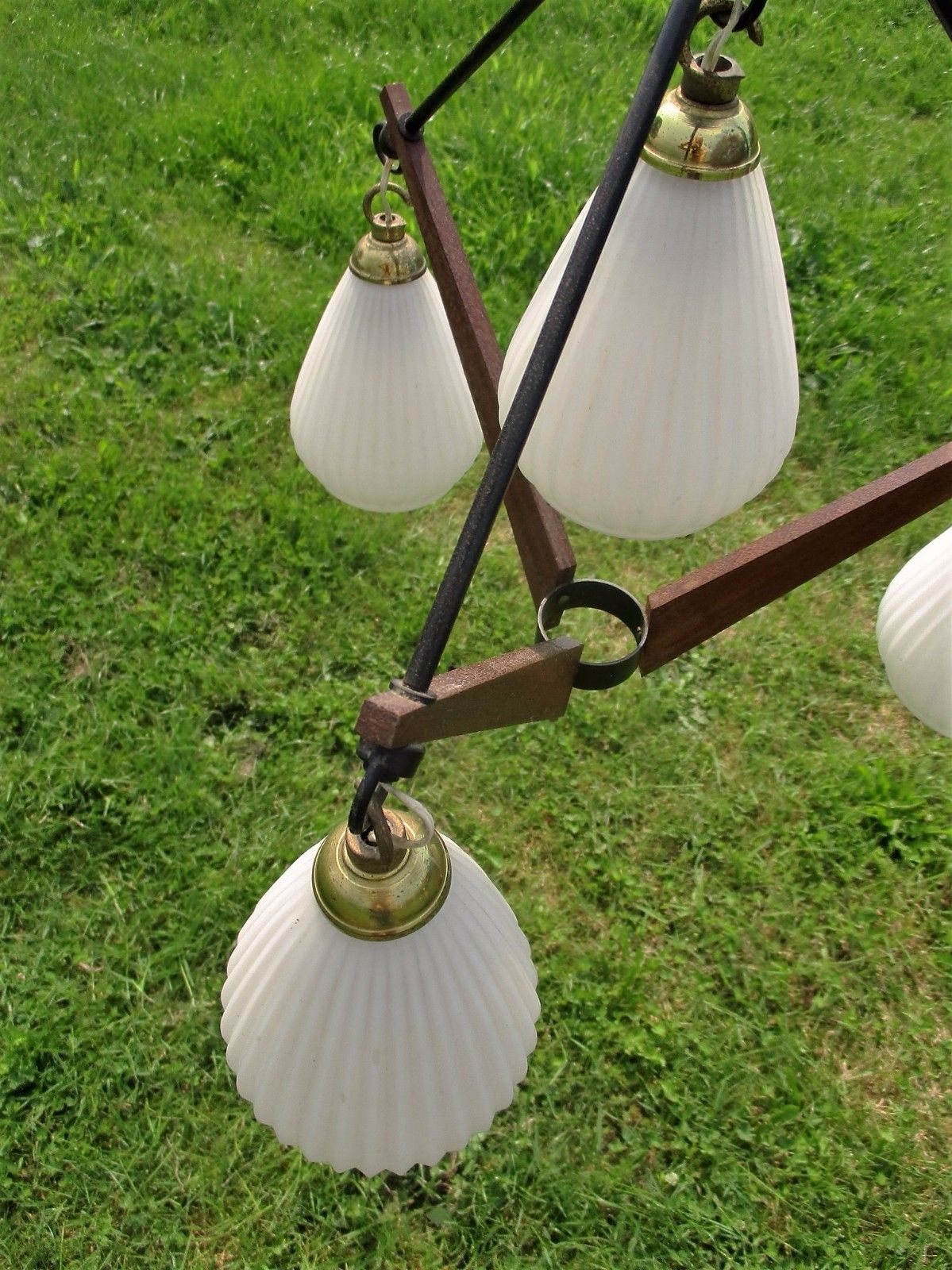 Danish Modern Chandelier Pendant Teak Atomic 4 Tear Drop Mid Century Vintage 50s photo vintage