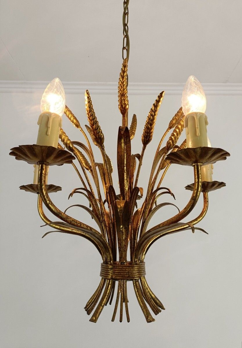 French Hollywood Regency Chandelier Light Wheat Sheaf Vintage  5 Lights Gold Gil photo Lighting