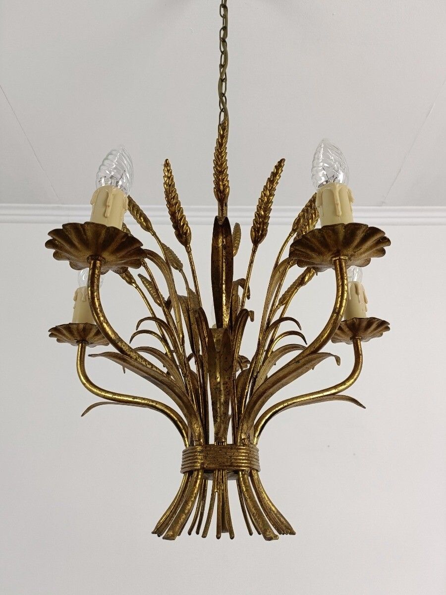 French Hollywood Regency Chandelier Light Wheat Sheaf Vintage  5 Lights Gold Gil photo vinterior