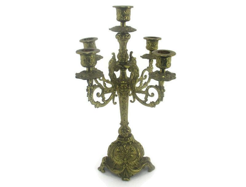 Gothic Brass Ornate Embossed Candle Holder Stick Candelabra 5 Arm Faces
