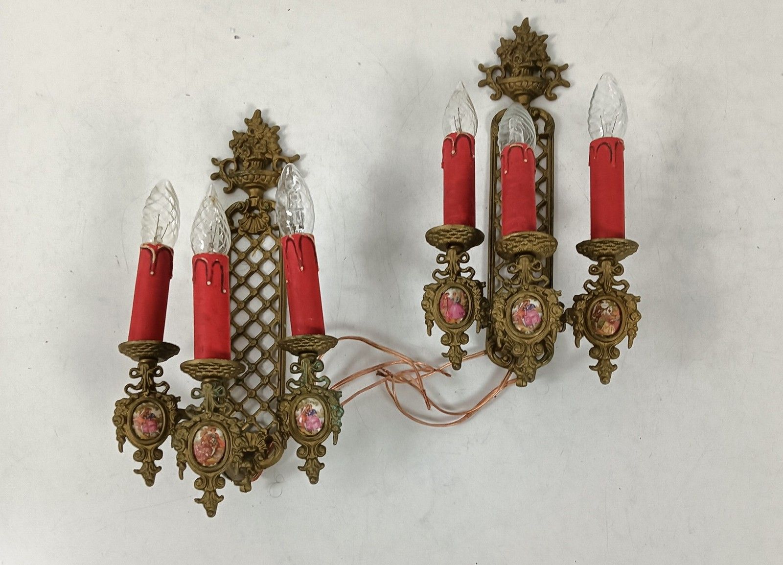 Pair French Brass Triple Wall Sconces Candelabras Victorian Style Limoges Sevres photo for sale