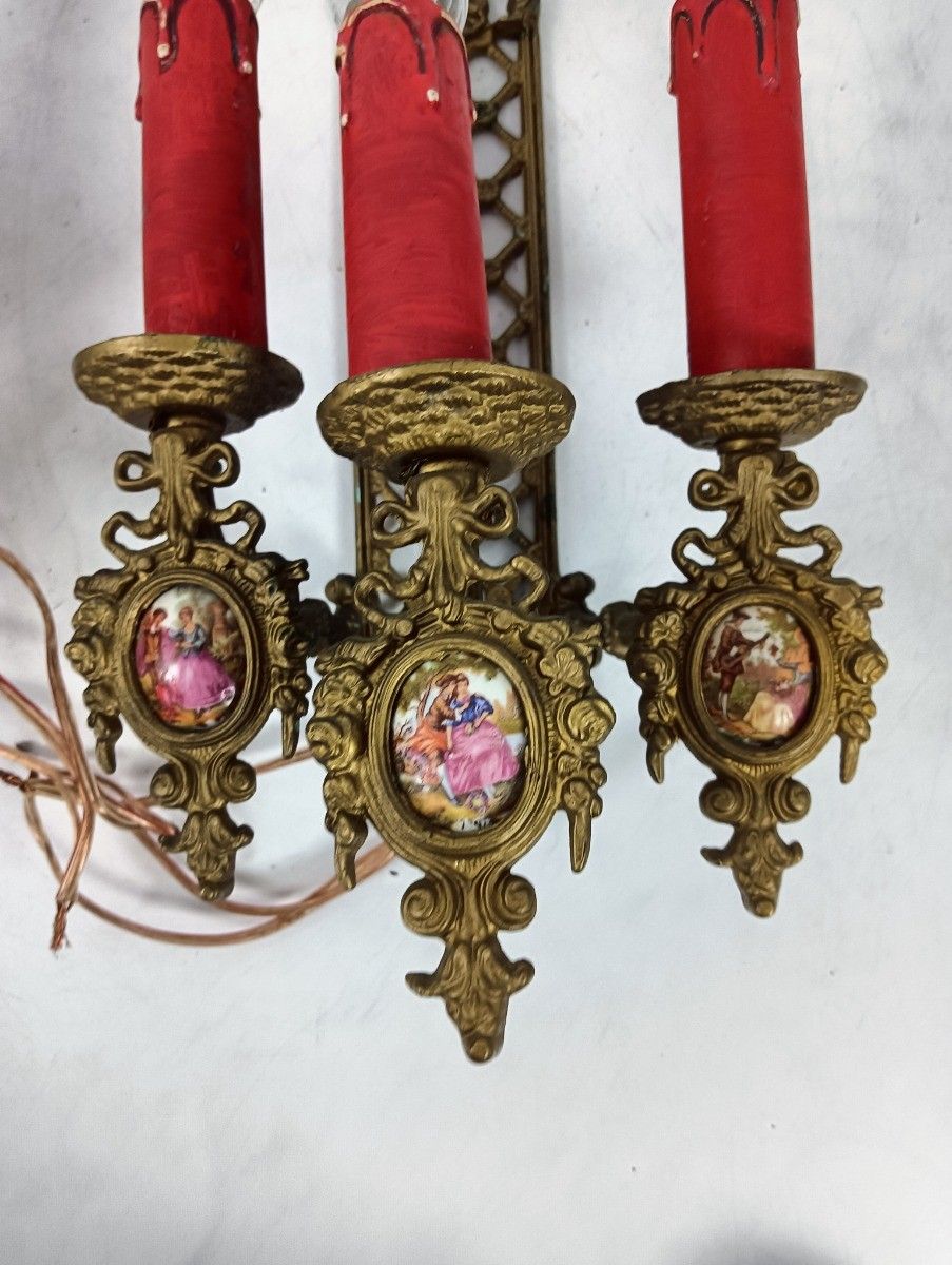 Pair French Brass Triple Wall Sconces Candelabras Victorian Style Limoges Sevres photo buy