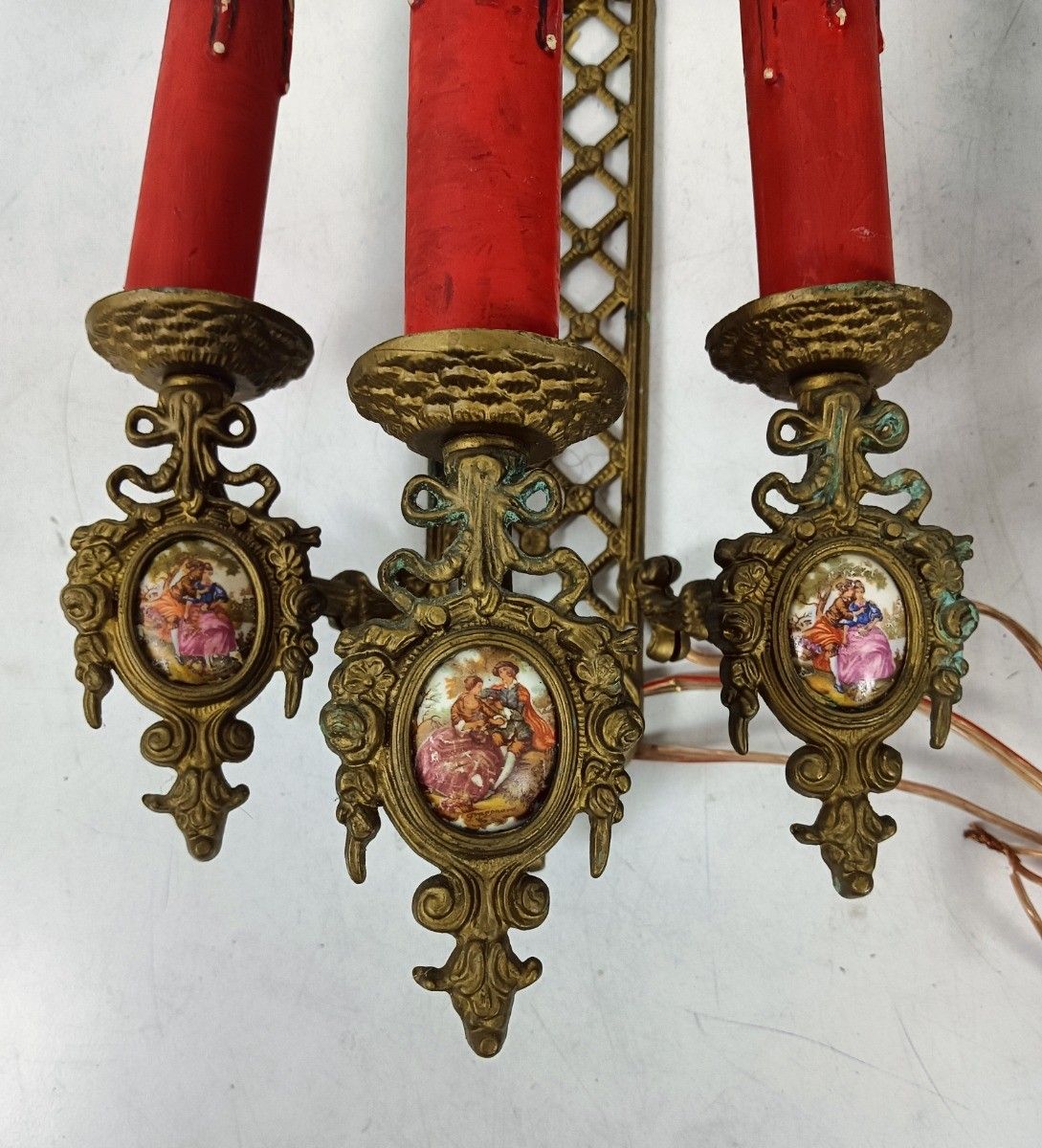 photo furniture Pair French Brass Triple Wall Sconces Candelabras Victorian Style Limoges Sevres