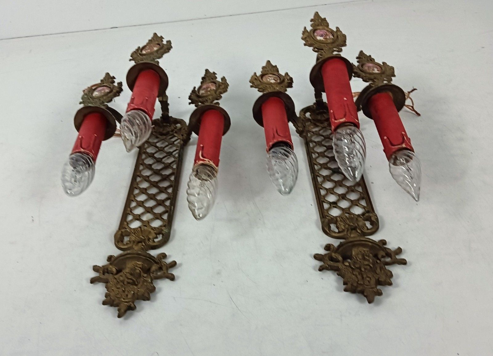 photo for sale Pair French Brass Triple Wall Sconces Candelabras Victorian Style Limoges Sevres