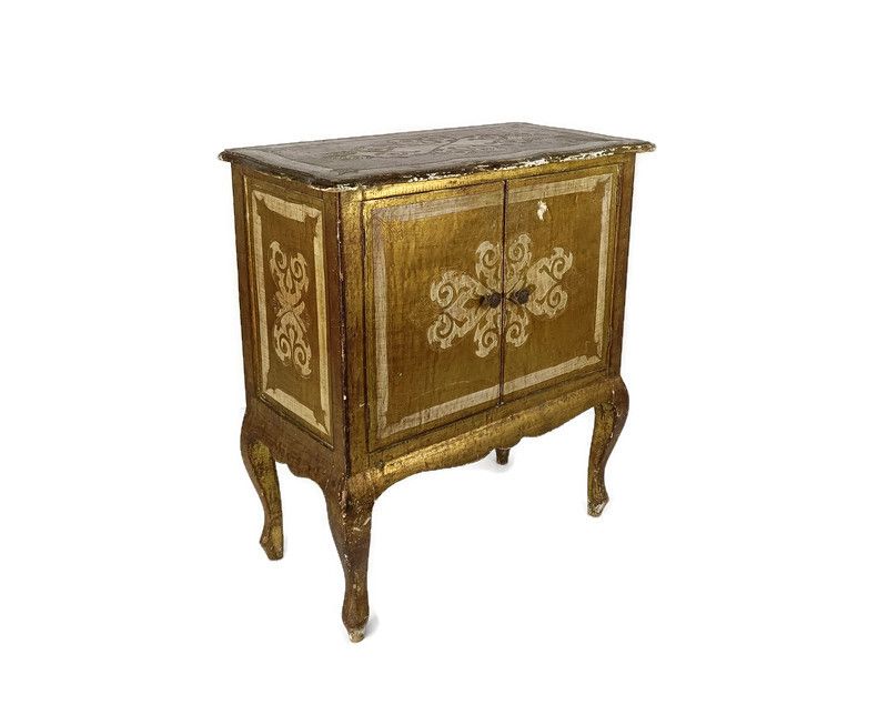 Florentine Wood Nightstand End Table Hall Cabinet White Gold Gilded Italian  Hol