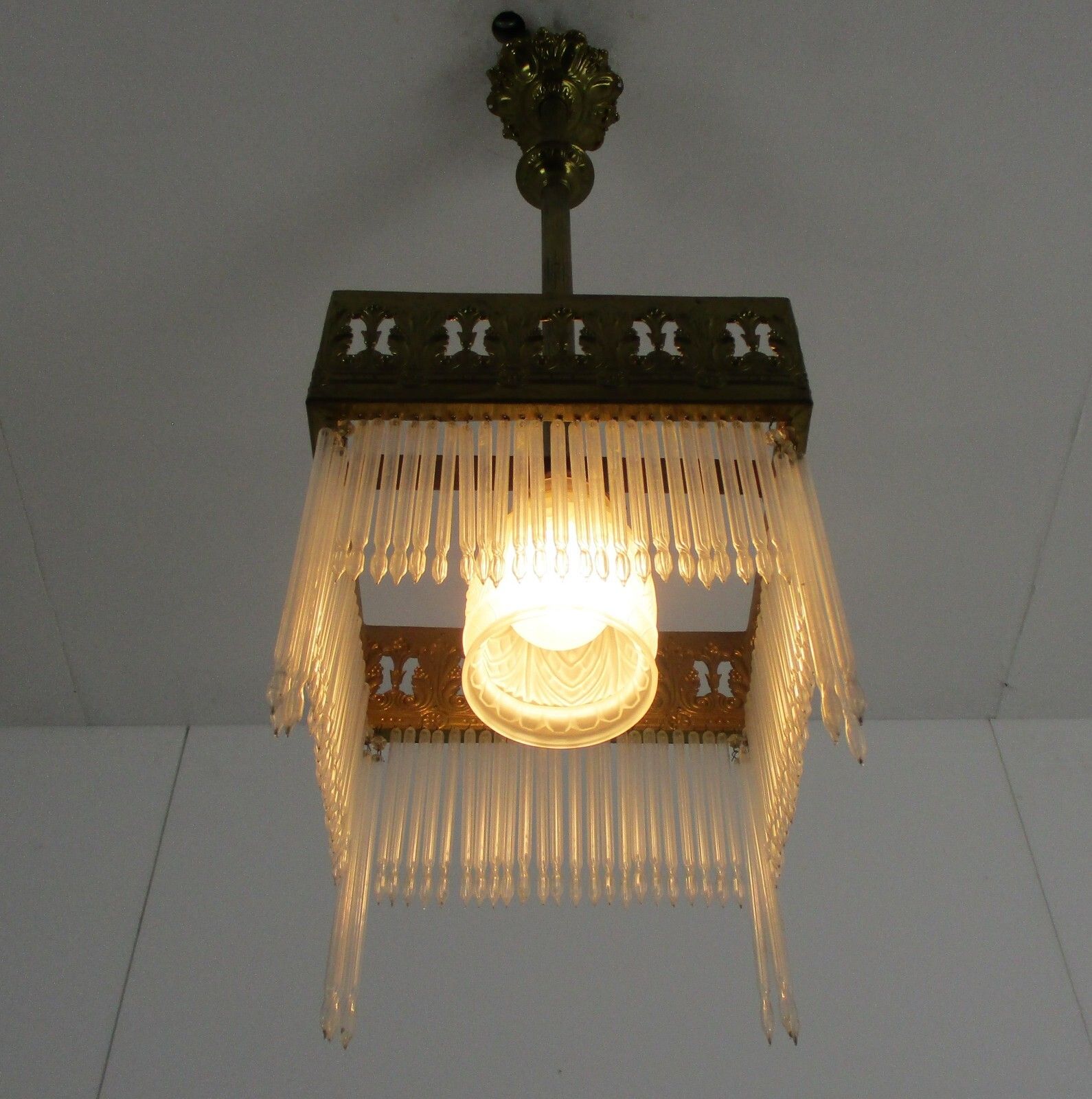 Jugendstil Hall Lamp Chandelier Prisms Copper Glass Antique Hanging Light photo Lighting
