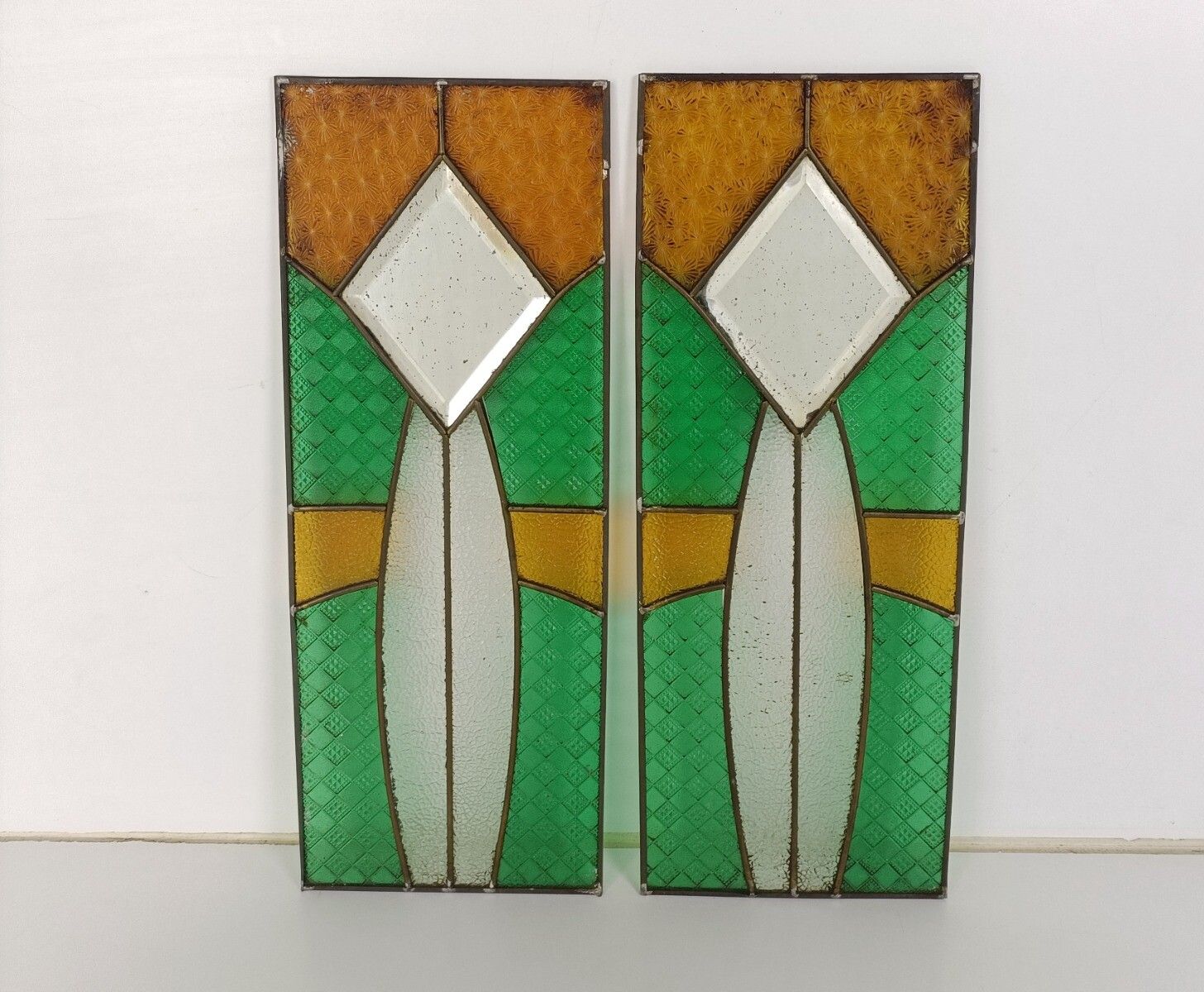 Pair Antique Glass Stained Leaded Glass Panels Beveled Glass Mirrors Architectur photo furniture