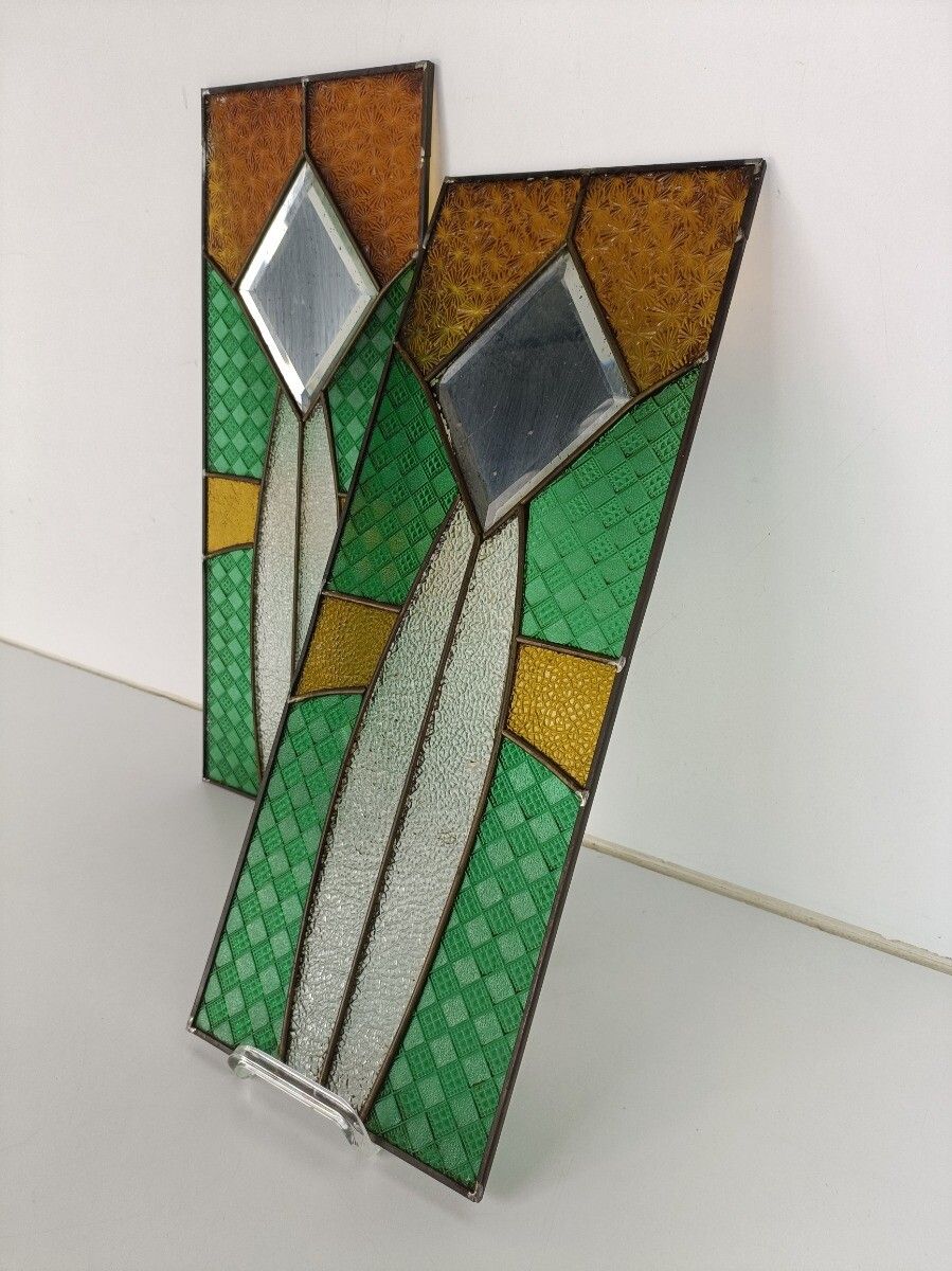 Pair Antique Glass Stained Leaded Glass Panels Beveled Glass Mirrors Architectur photo for sale