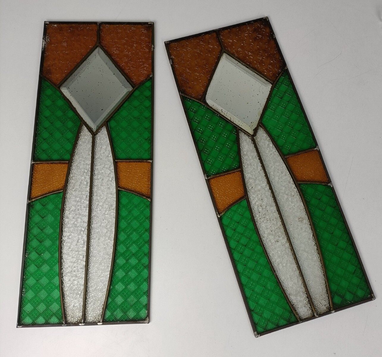 Pair Antique Glass Stained Leaded Glass Panels Beveled Glass Mirrors Architectur photo 324.0