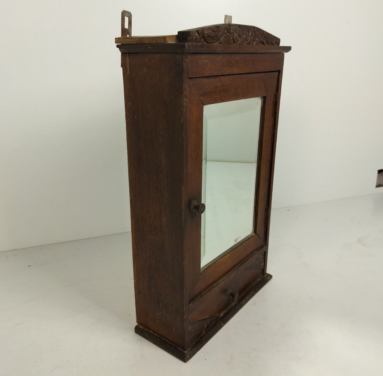 Antique Medicine Apothecary Pharmacy Cabinet Carved Wood  Beveled Glass, Shaving photo furniture