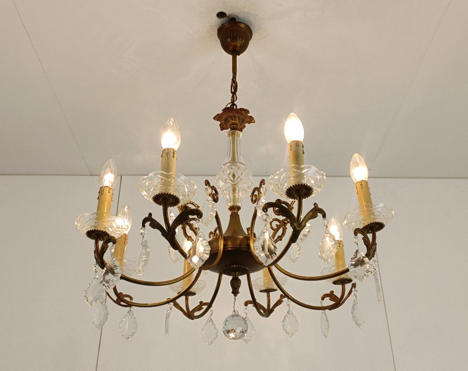Vintage Chandelier With Glass Prisms Brass Hollywood Regency 8 Lights photo furniture