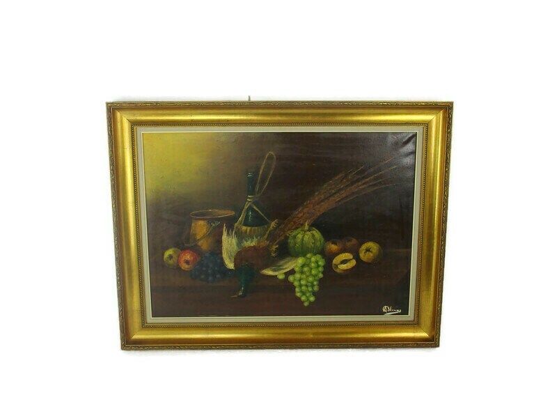 Oil Painting Canvas Framed Still Life Bouquet Of Fruit  Pheasant Signed A M 19