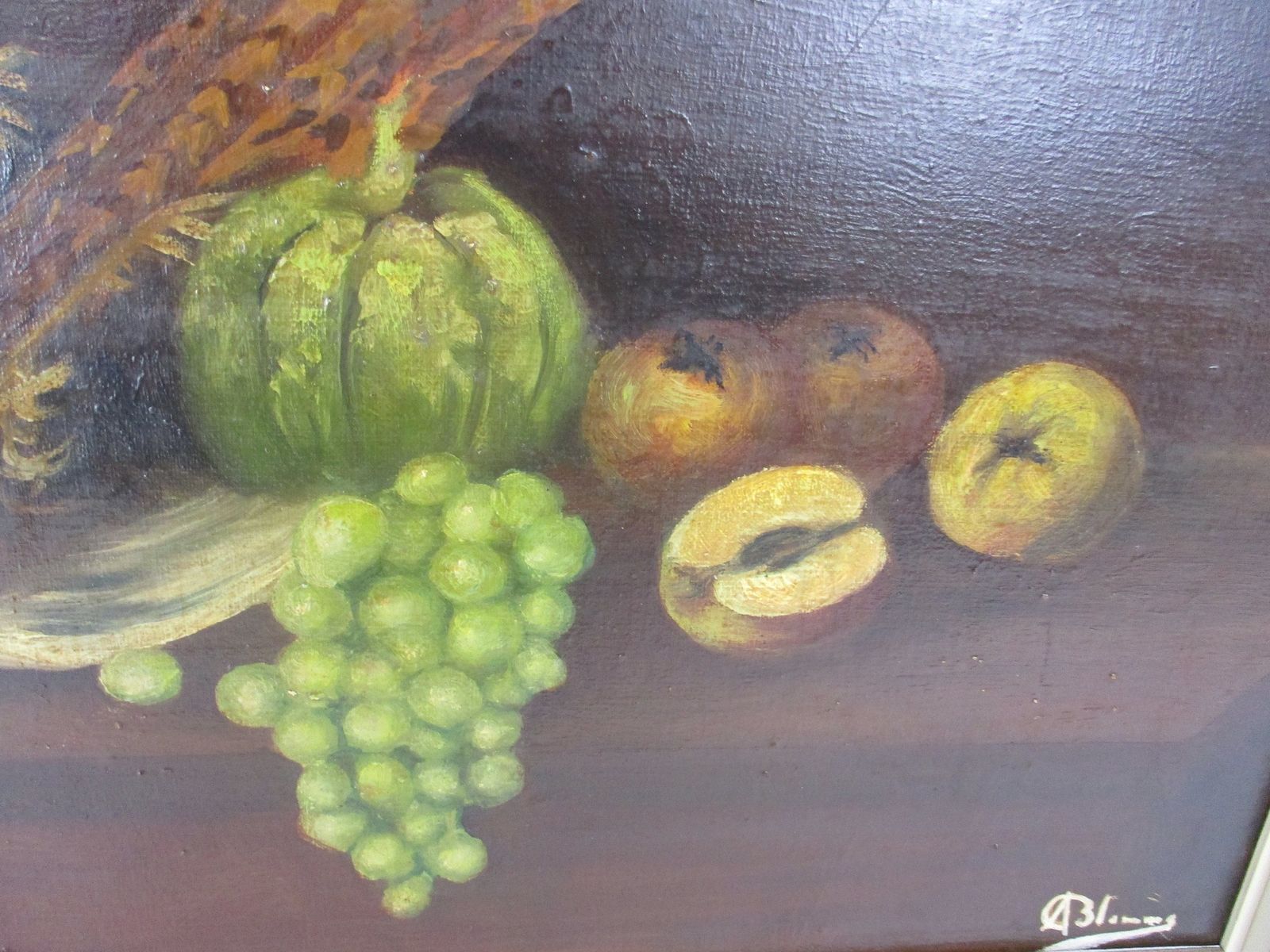 Oil Painting Canvas Framed Still Life Bouquet Of Fruit  Pheasant Signed A M 19 photo Art