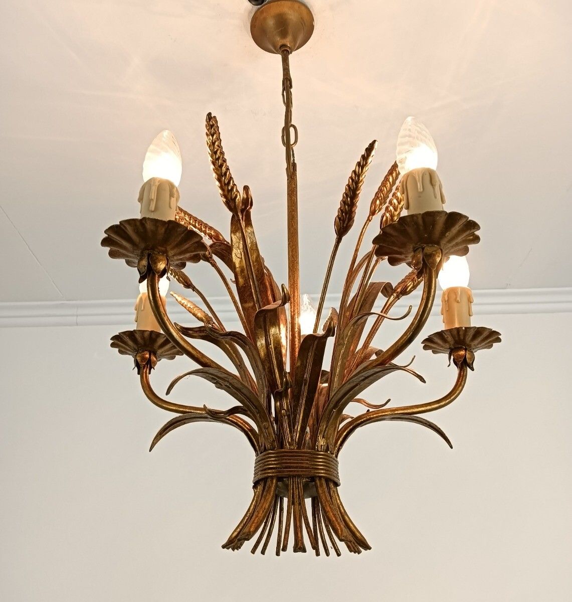 French Hollywood Regency Chandelier Light Wheat Sheaf Vintage 5 Lights Gold Gild photo 405.0