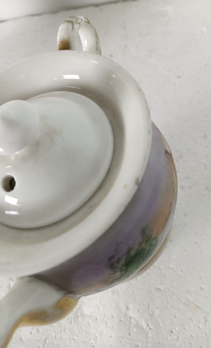 Antique  Porcelain Teapot Veilleuse Tea Warmer Nightlight Marked D.F. Hand Paint photo furniture