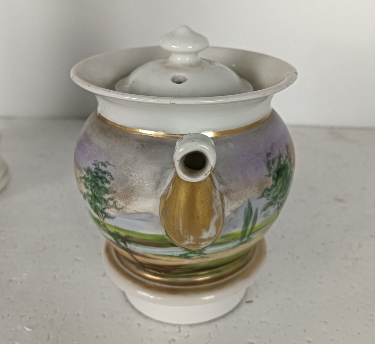 Antique  Porcelain Teapot Veilleuse Tea Warmer Nightlight Marked D.F. Hand Paint photo for sale