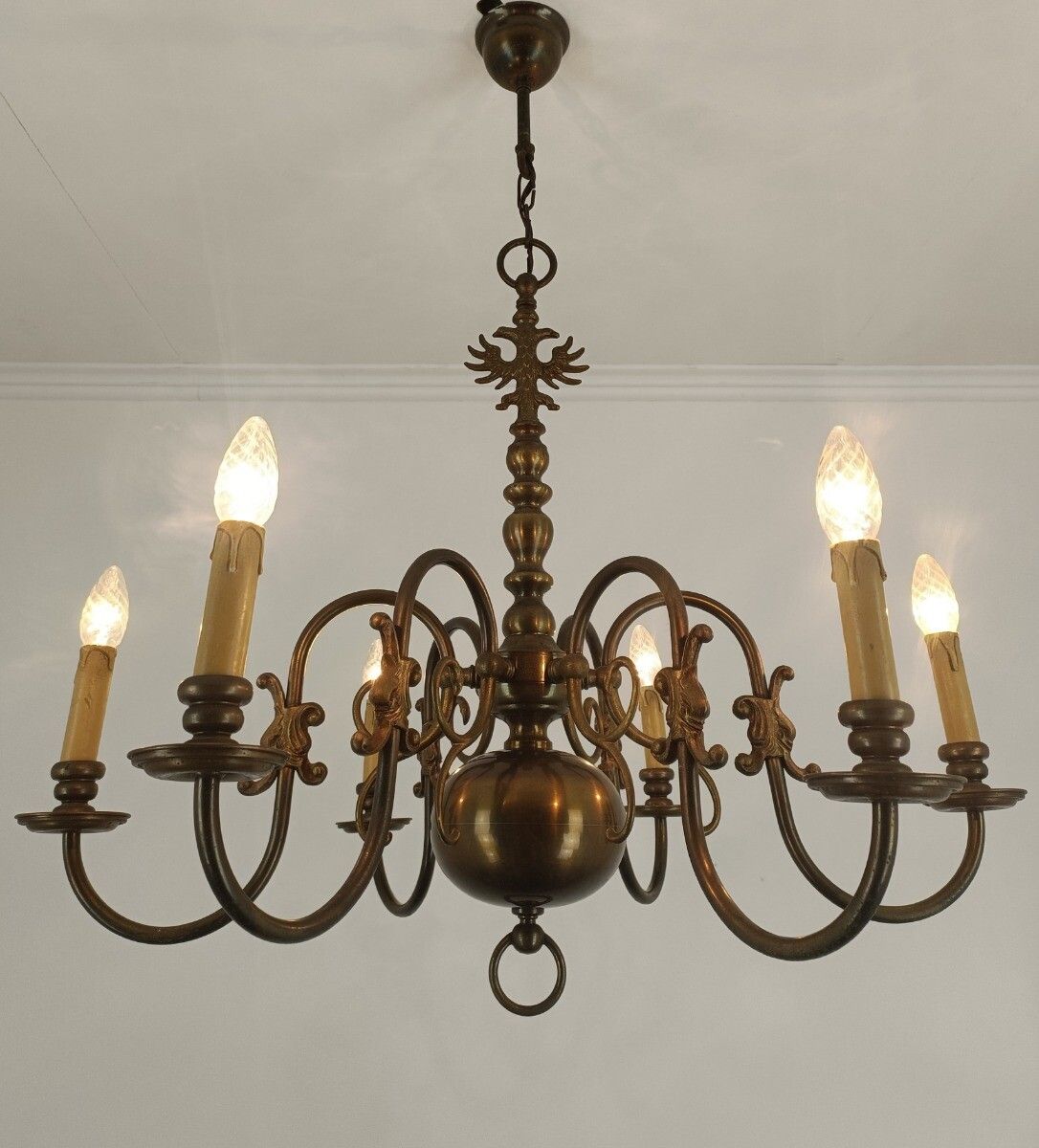 Flemish Dutch Chandelier 6 Arm Lights Brass Barn Farm Countryhouse Style Eagles photo 405.0