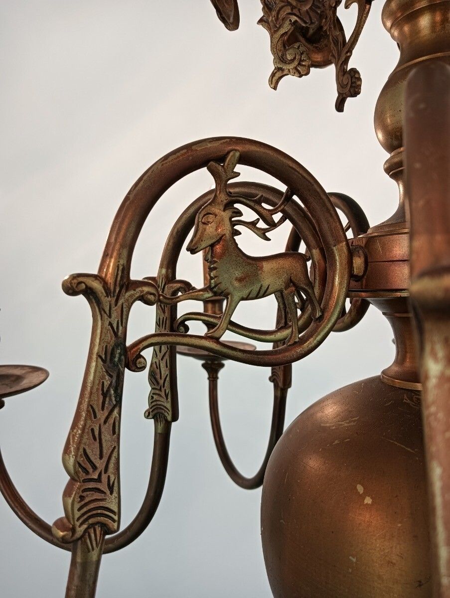 Stunning Flemish Bronze Hunting Castle Chandelier Saint Hubertus Horn Deer 8 L photo vintage