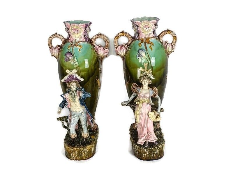 Art Nouveau French Pair Barbotine Majolica Large Vases Lady Man Figurines  Gorge
