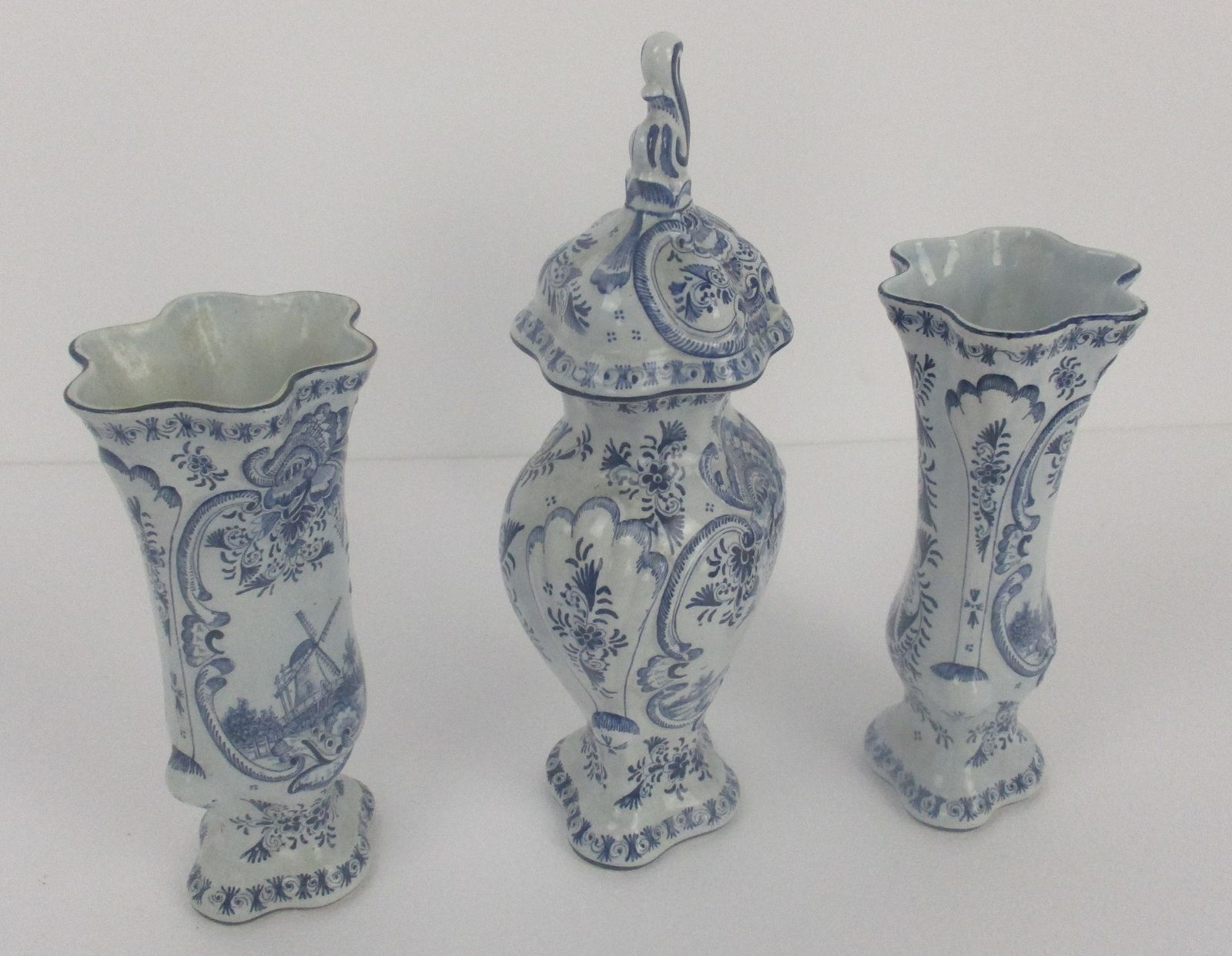 Antique  Delft Blue White Garniture Set Two Vases Urn Lidded Extremely Rare 3 photo furniture