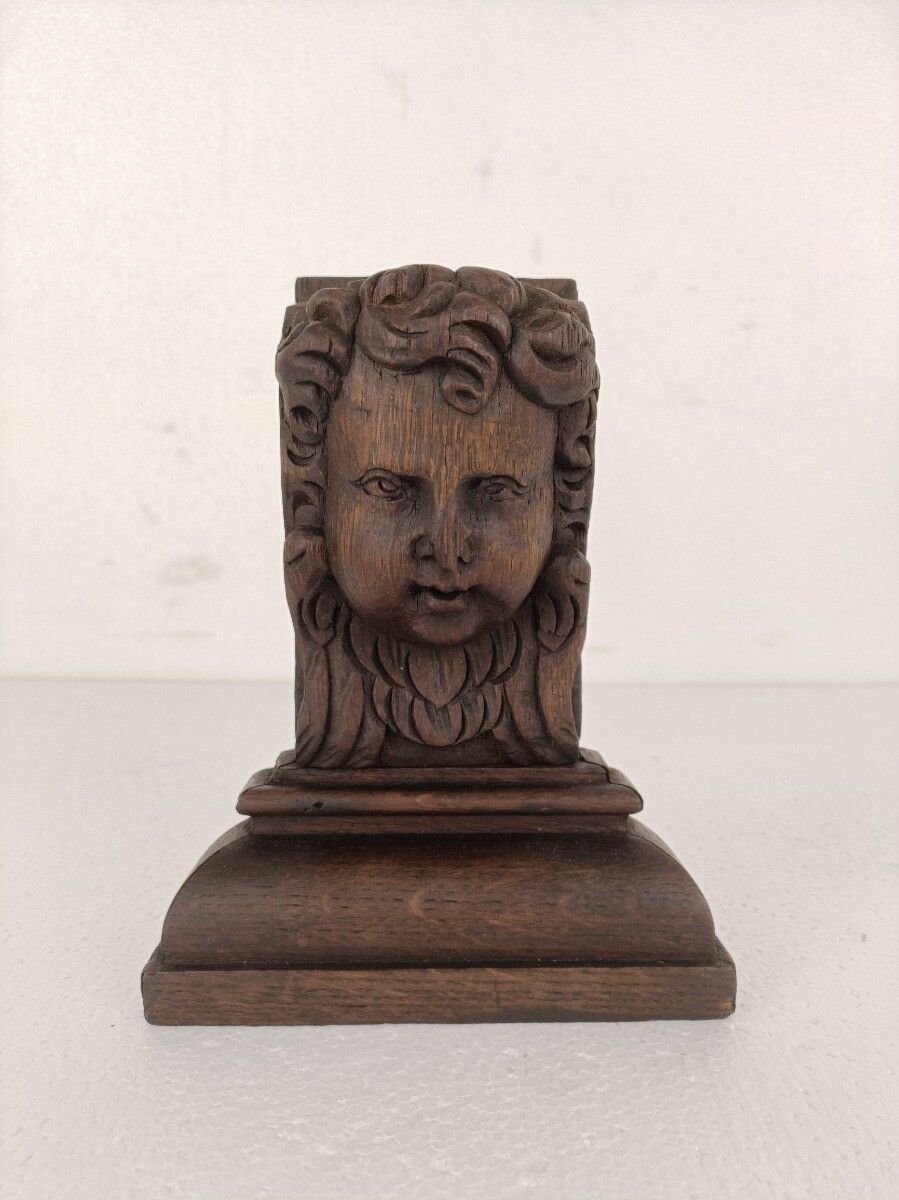 Corbel Hand Carved Wood Architectural Reclaimed Trim Putti Angel Head Antique photo Art