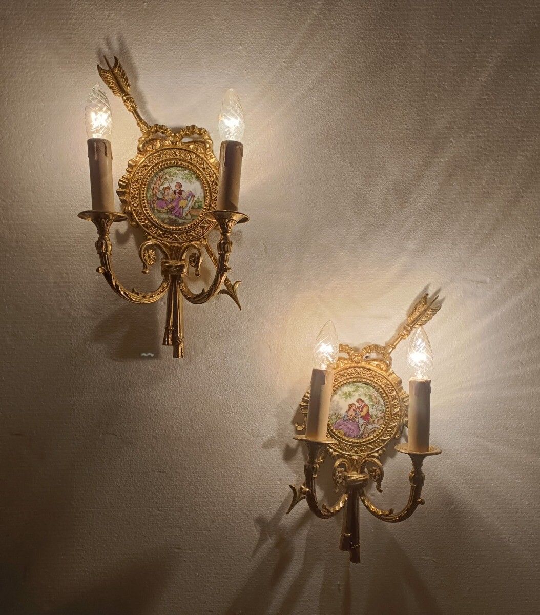 Gorgeous Pair Of Wall Sconces Lights Lamps Bronze Medallions Limoges Fragonard W photo furniture