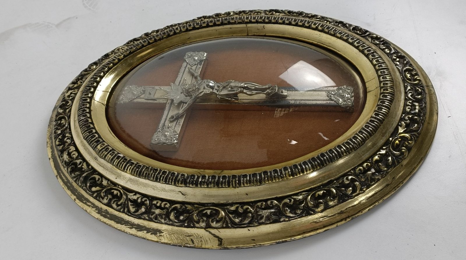 Antique Oval Ornate Convex Glass Dome Crucifix Cross Plaster Frame photo furniture