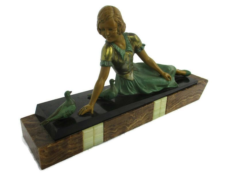 Art Nouveau Statue Figurine Girl Feeding Birds Marble Base Faux Bronze Figurine