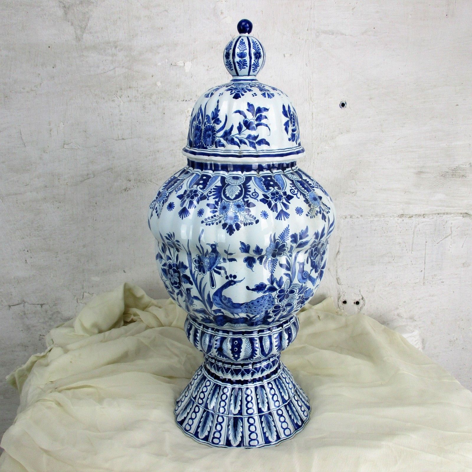 Antique 19th C Xl  Marked The Three Bells Delft Vase Urn Peacocks Htf 20.86"