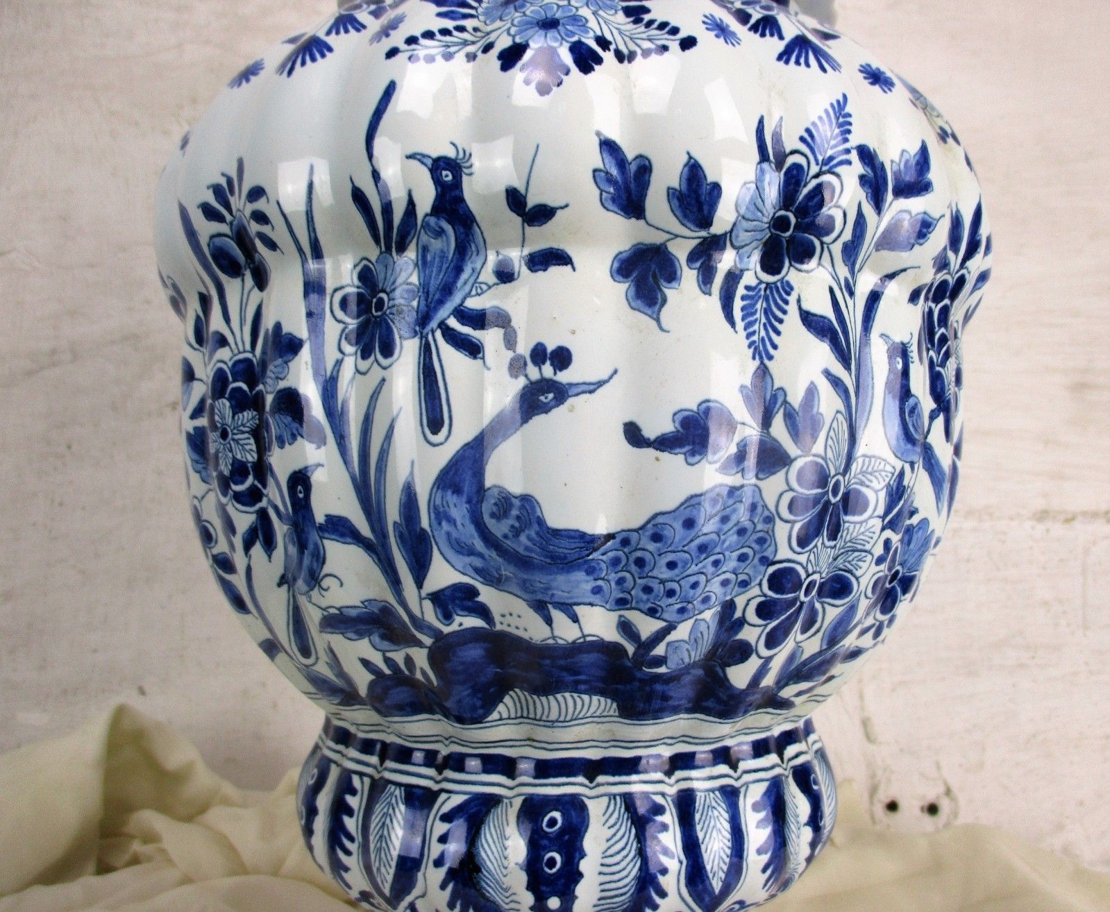 Antique 19th C Xl  Marked The Three Bells Delft Vase Urn Peacocks Htf 20.86" photo for sale