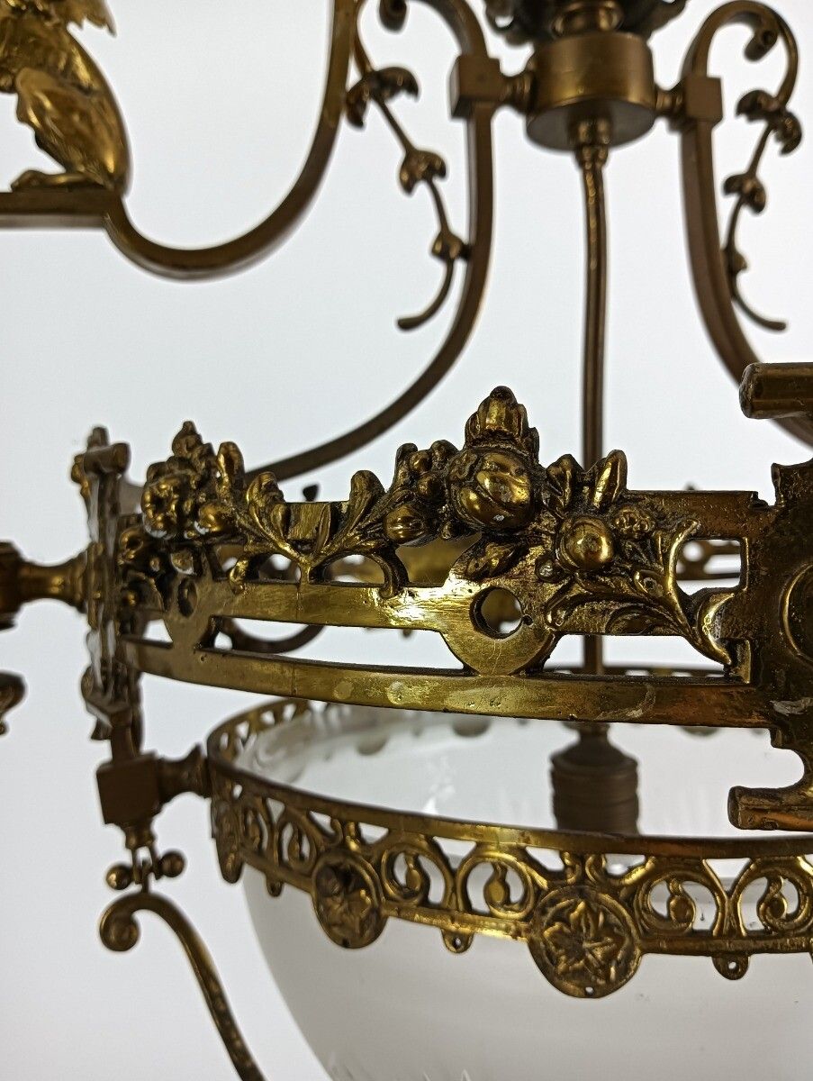 Art Nouveau Chandelier Bronze Doré Coat Of Arms Dragons Huge  5 Lights Stunning photo buy