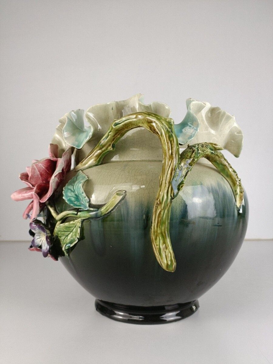Planter Cache Pot French Pottery Faience Majolica Flowers Art Deco Basket Gorgeo photo for sale