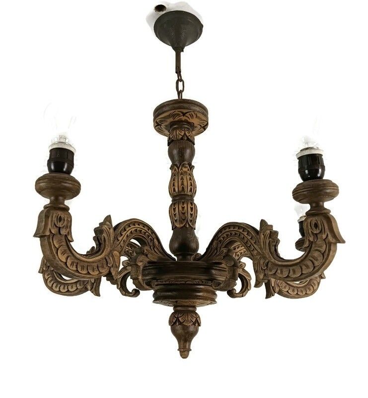 Gorgeous Carved Wooden Wood Chandelier Vintage 5 Lights Fixture Farmhouse Style