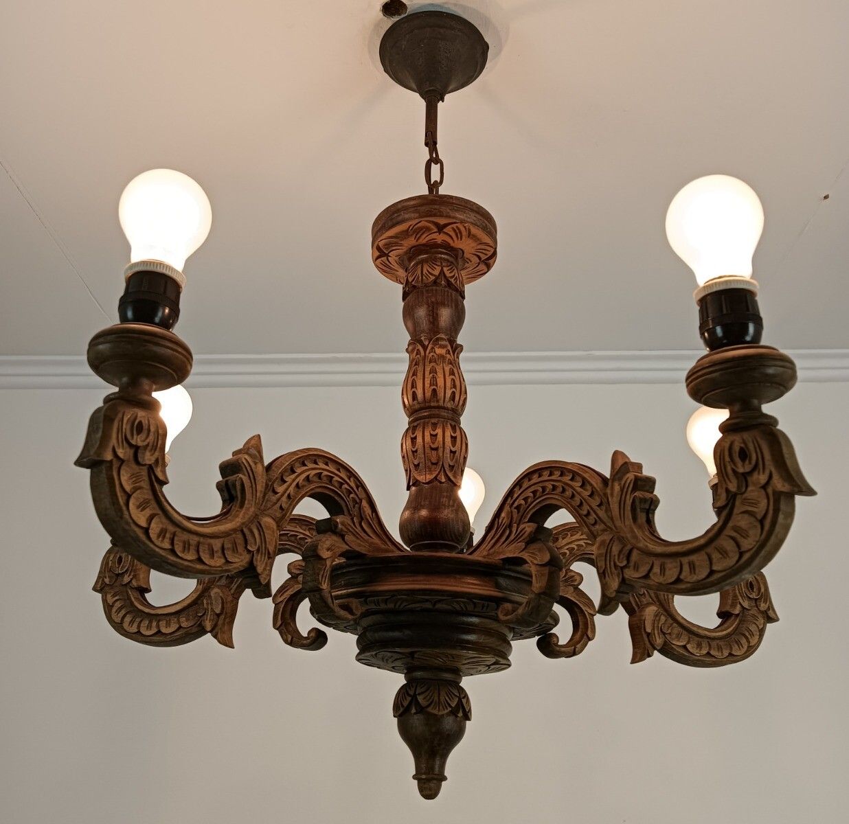 Gorgeous Carved Wooden Wood Chandelier Vintage 5 Lights Fixture Farmhouse Style photo 445.0