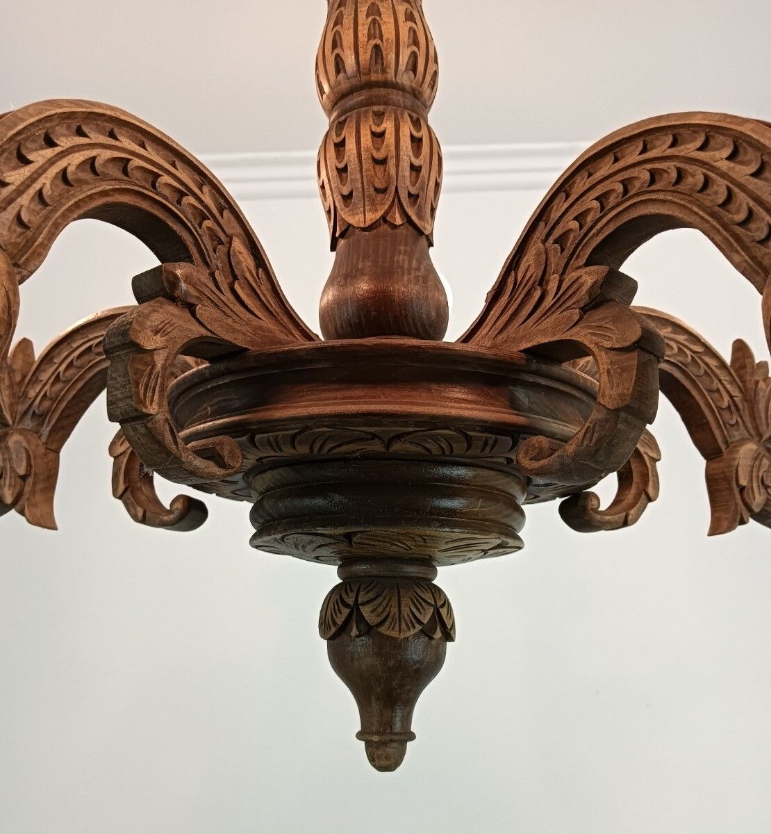 Gorgeous Carved Wooden Wood Chandelier Vintage 5 Lights Fixture Farmhouse Style photo vintage