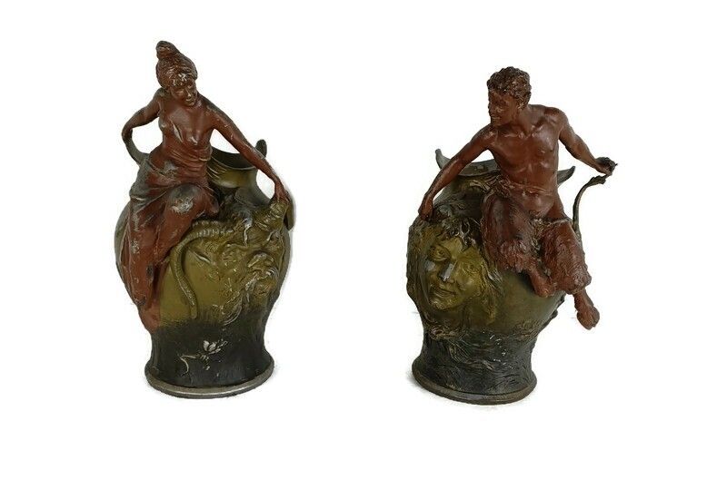Pair Art Nouveau Vases Figurines Mythical Satyr Seducing Lady Bronze Patinated A