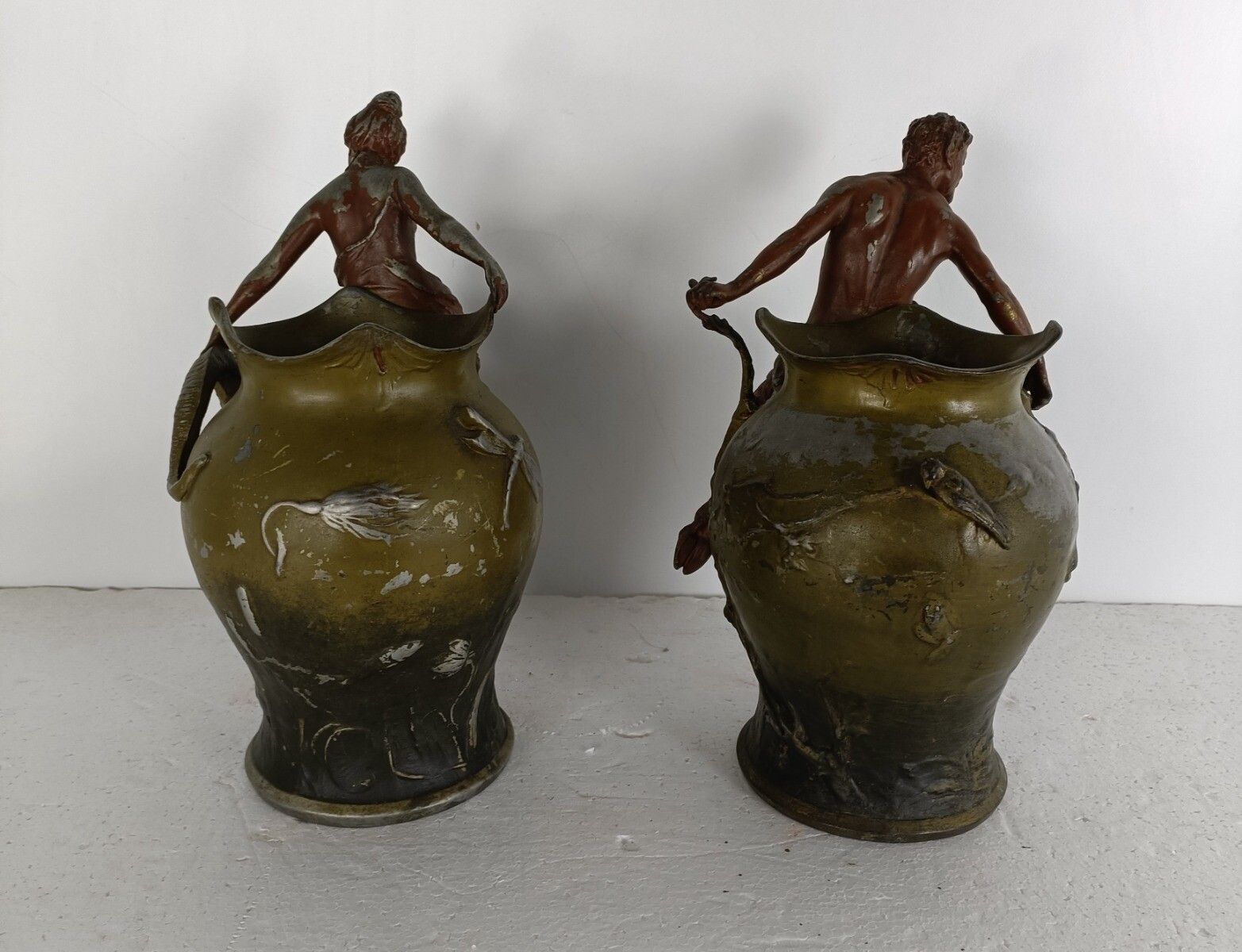 Pair Art Nouveau Vases Figurines Mythical Satyr Seducing Lady Bronze Patinated A photo 324.0