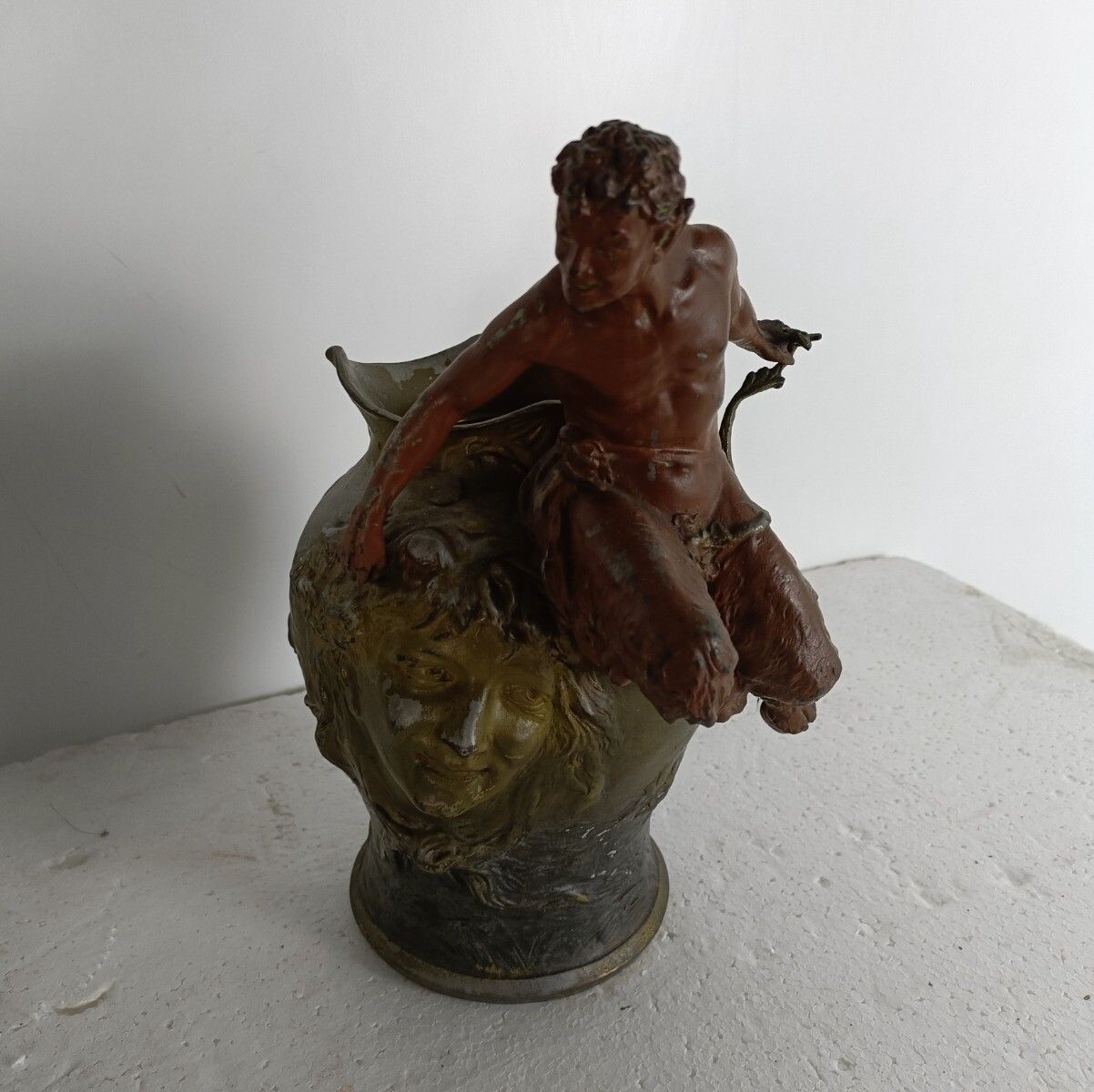 Pair Art Nouveau Vases Figurines Mythical Satyr Seducing Lady Bronze Patinated A photo vintage