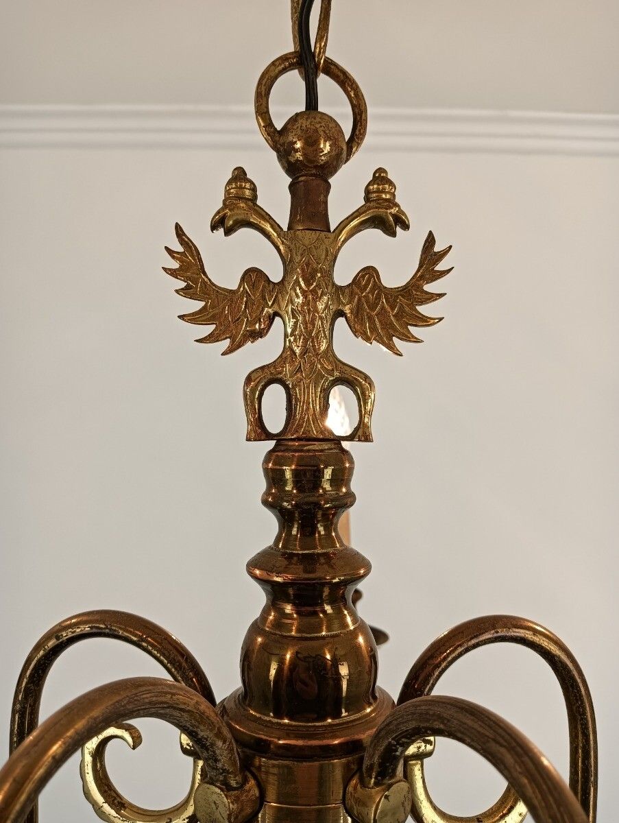 Chandelier 5 Lights Arms Brass Flemish Dutch Mid Century Farm Country Style Vint photo vinterior