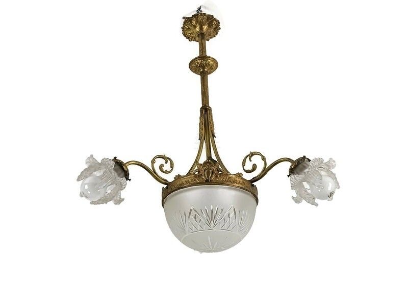 Art Deco Chandelier Gilded Bronze Gorgeous Etched Glass Shades Flower Shaped 4 L