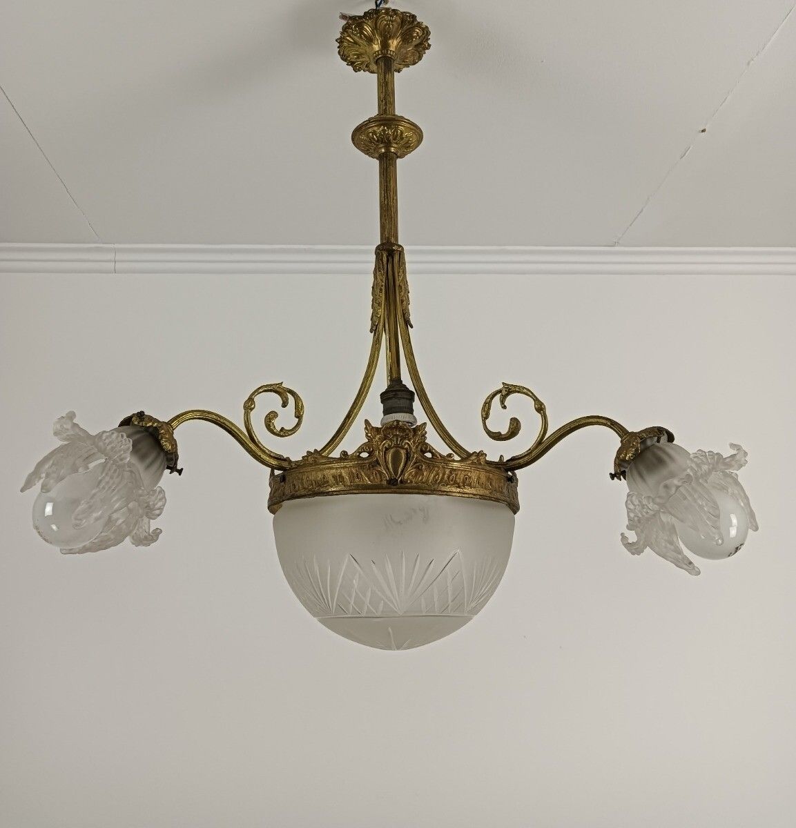 Art Deco Chandelier Gilded Bronze Gorgeous Etched Glass Shades Flower Shaped 4 L photo for sale