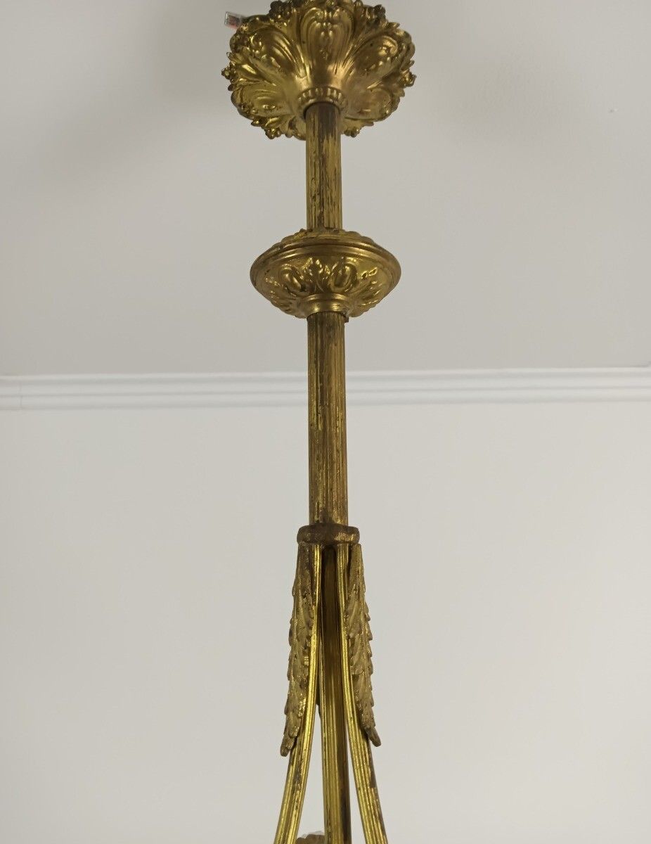 Art Deco Chandelier Gilded Bronze Gorgeous Etched Glass Shades Flower Shaped 4 L photo vintage