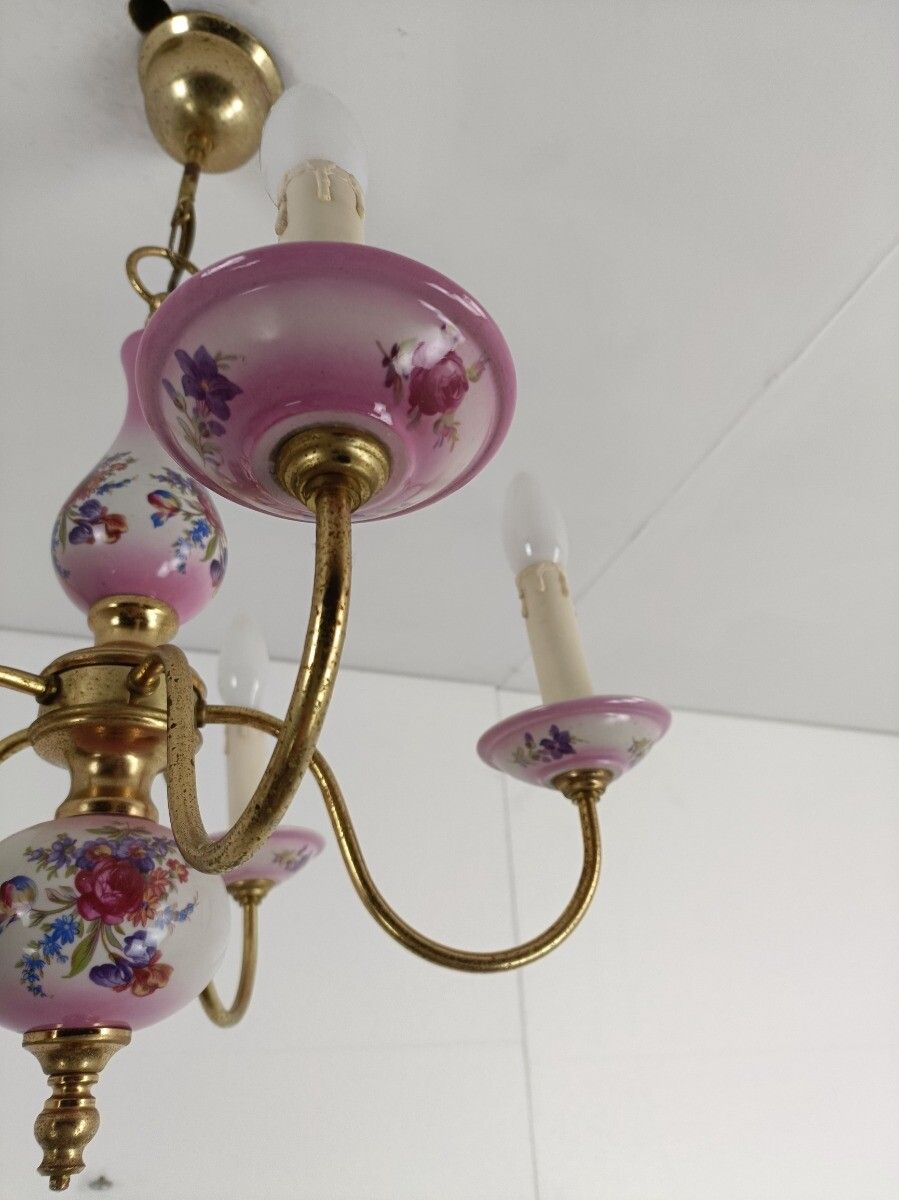 Chandelier 5 Arms Lights Ceramic Porcelain Ceramic Brass Italian Pink  Flowers L photo 244.0