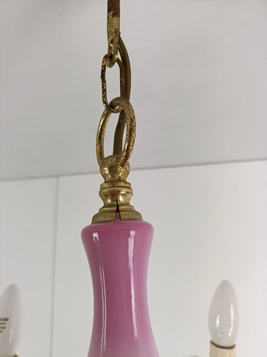 Chandelier 5 Arms Lights Ceramic Porcelain Ceramic Brass Italian Pink  Flowers L photo vintage