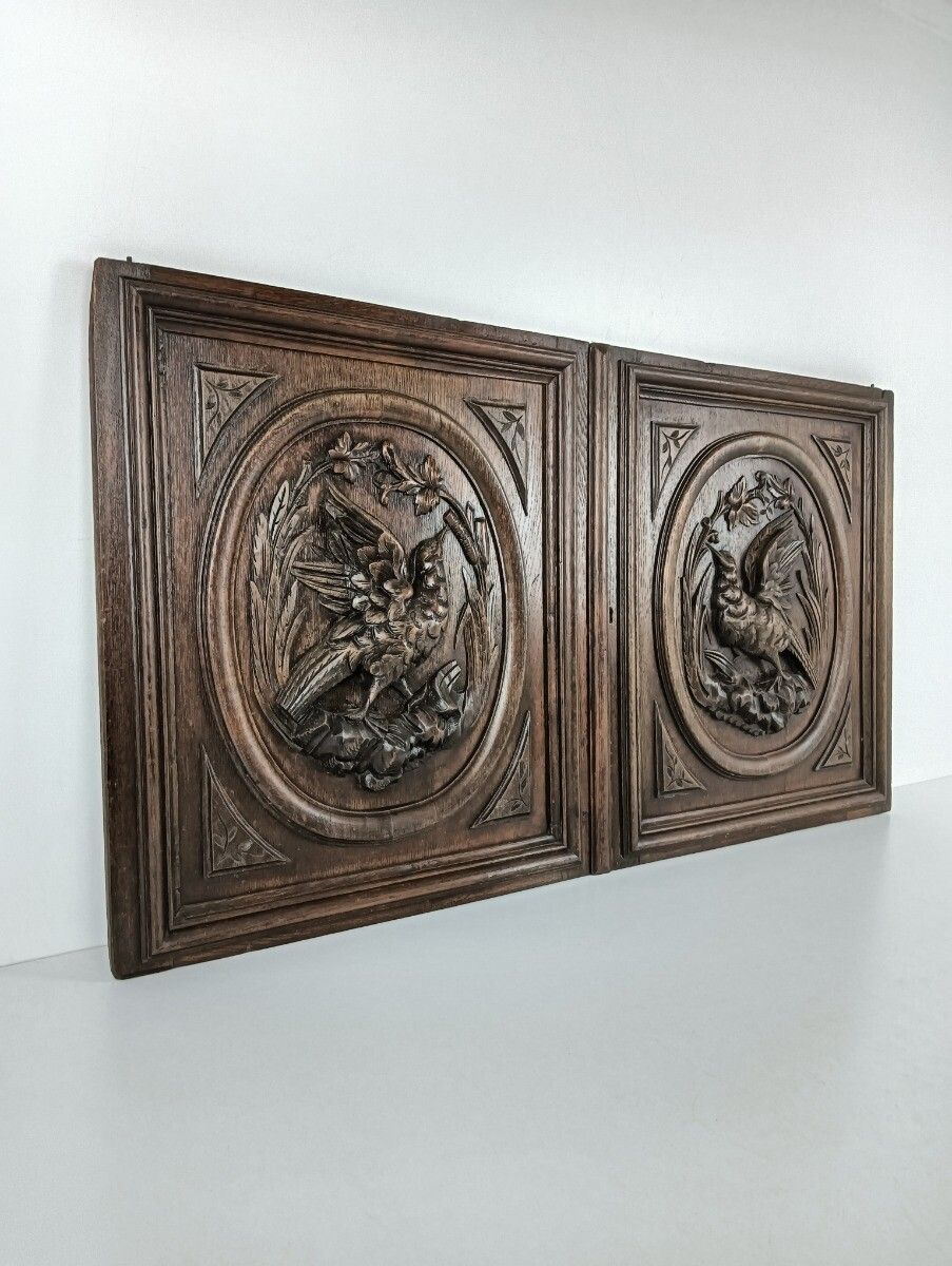Pair Antique Door Panels Carved Wood Hunt Pheasants Architectural Reclaimed Salv photo furniture