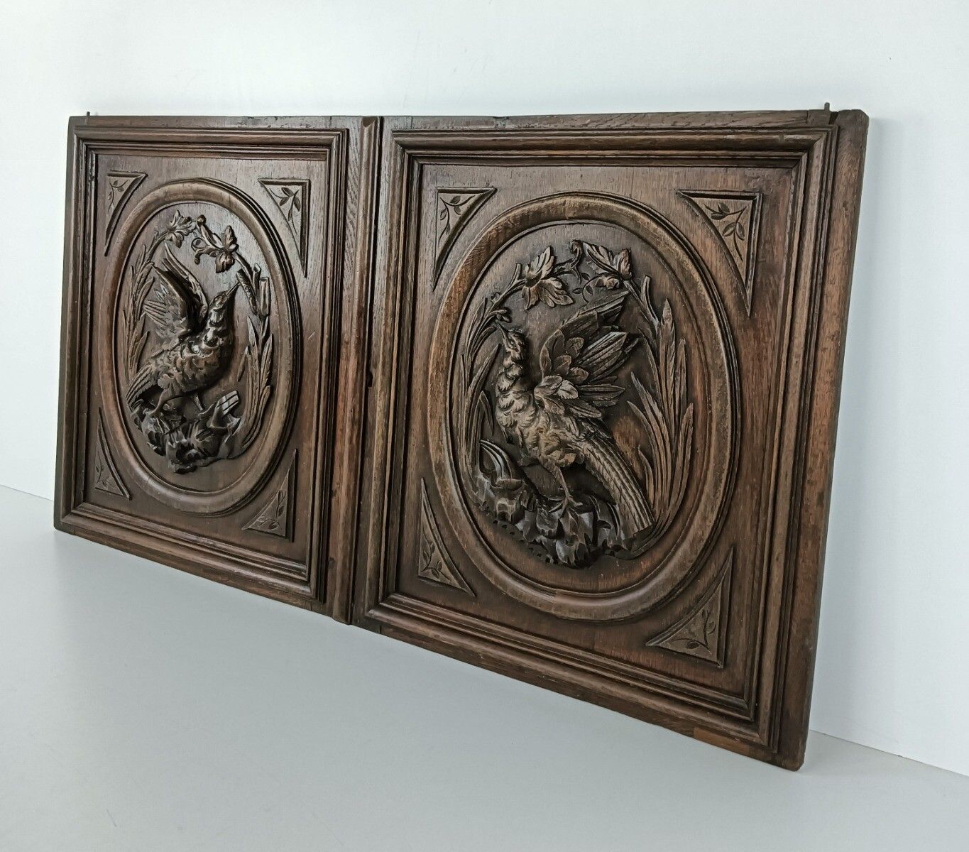 Pair Antique Door Panels Carved Wood Hunt Pheasants Architectural Reclaimed Salv photo Home Fixtures