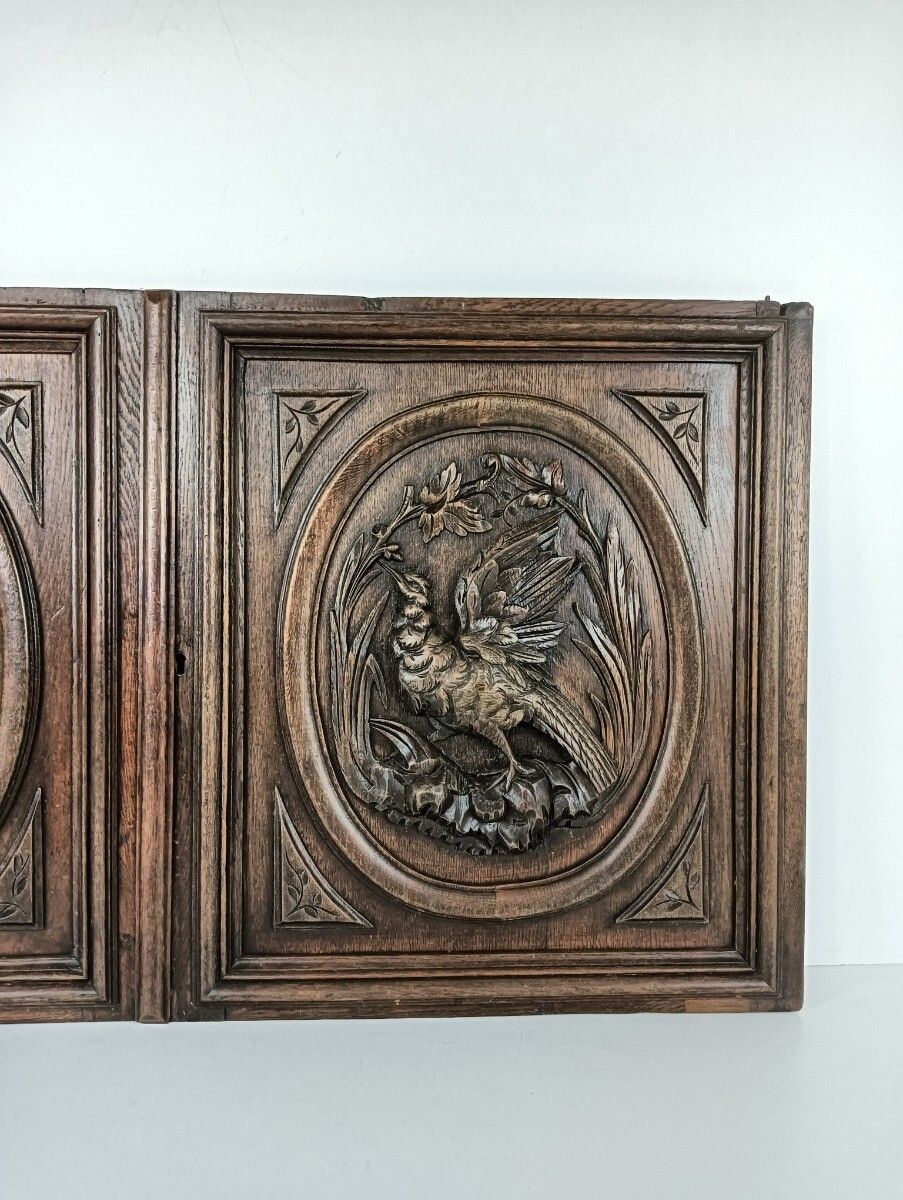 Pair Antique Door Panels Carved Wood Hunt Pheasants Architectural Reclaimed Salv photo 405.0
