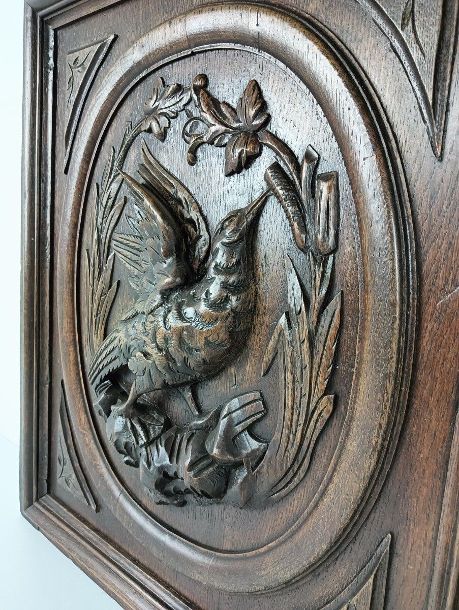 Pair Antique Door Panels Carved Wood Hunt Pheasants Architectural Reclaimed Salv photo vinterior