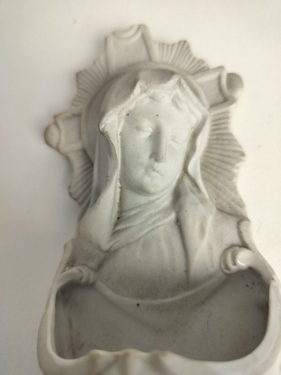 Antique Holy Water Font Vessel Bisque Porcelain White  Virgin Mary Madonna photo furniture